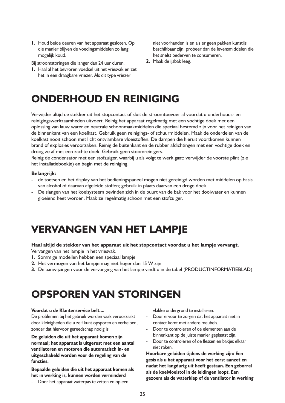 Onderhoud en reiniging, Vervangen van het lampje, Opsporen van storingen | Whirlpool ARG341A+ User Manual | Page 25 / 84
