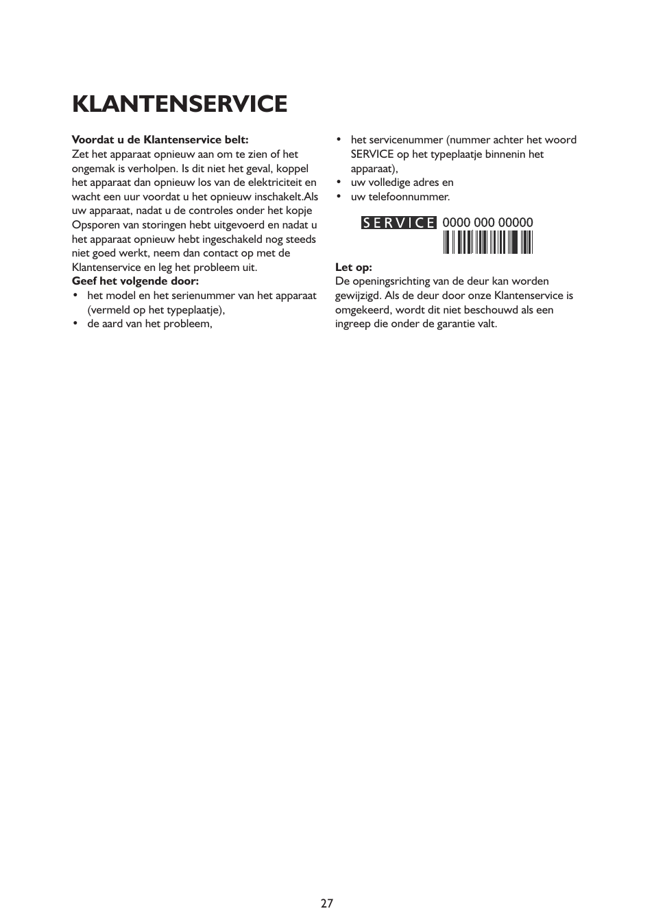 Klantenservice | Whirlpool ARG341A+ User Manual | Page 27 / 84