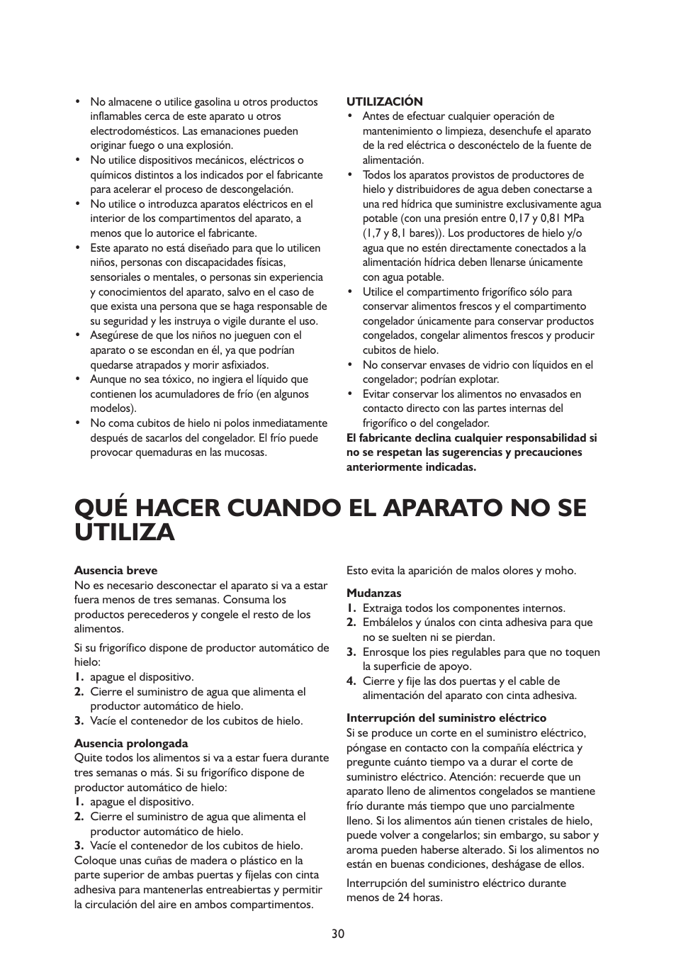 Qué hacer cuando el aparato no se utiliza | Whirlpool ARG341A+ User Manual | Page 30 / 84