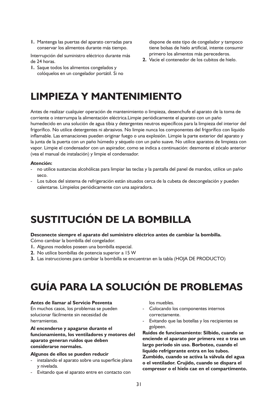 Limpieza y mantenimiento, Sustitución de la bombilla, Guía para la solución de problemas | Whirlpool ARG341A+ User Manual | Page 31 / 84