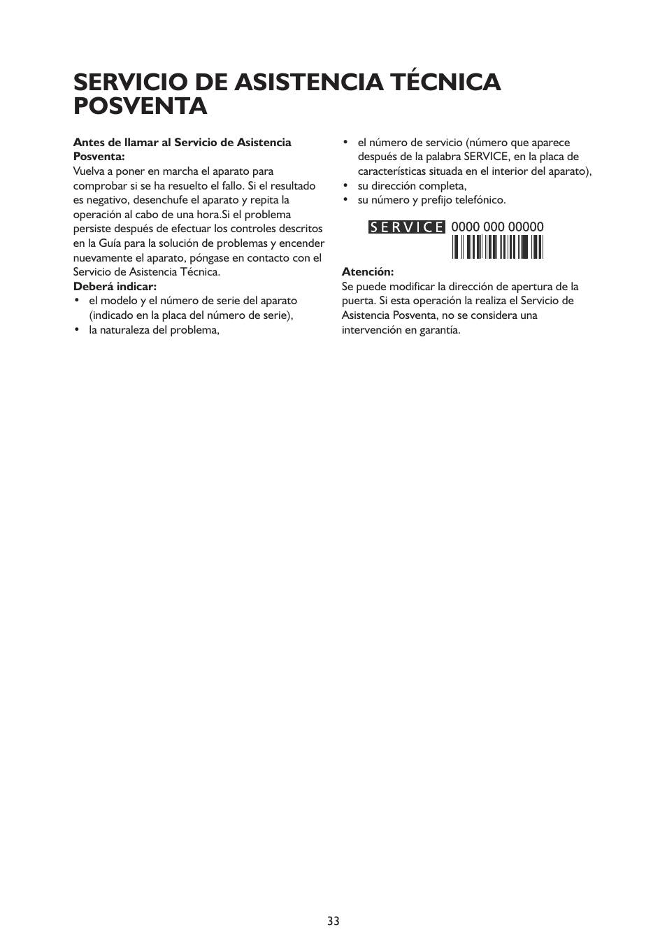 Servicio de asistencia técnica posventa | Whirlpool ARG341A+ User Manual | Page 33 / 84