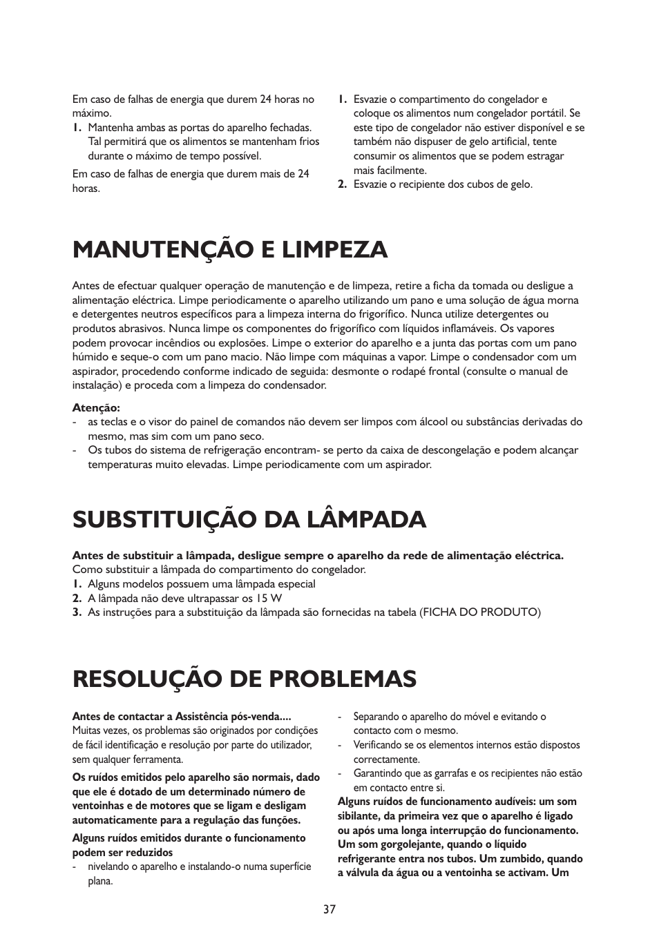 Manutenção e limpeza, Substituição da lâmpada, Resolução de problemas | Whirlpool ARG341A+ User Manual | Page 37 / 84