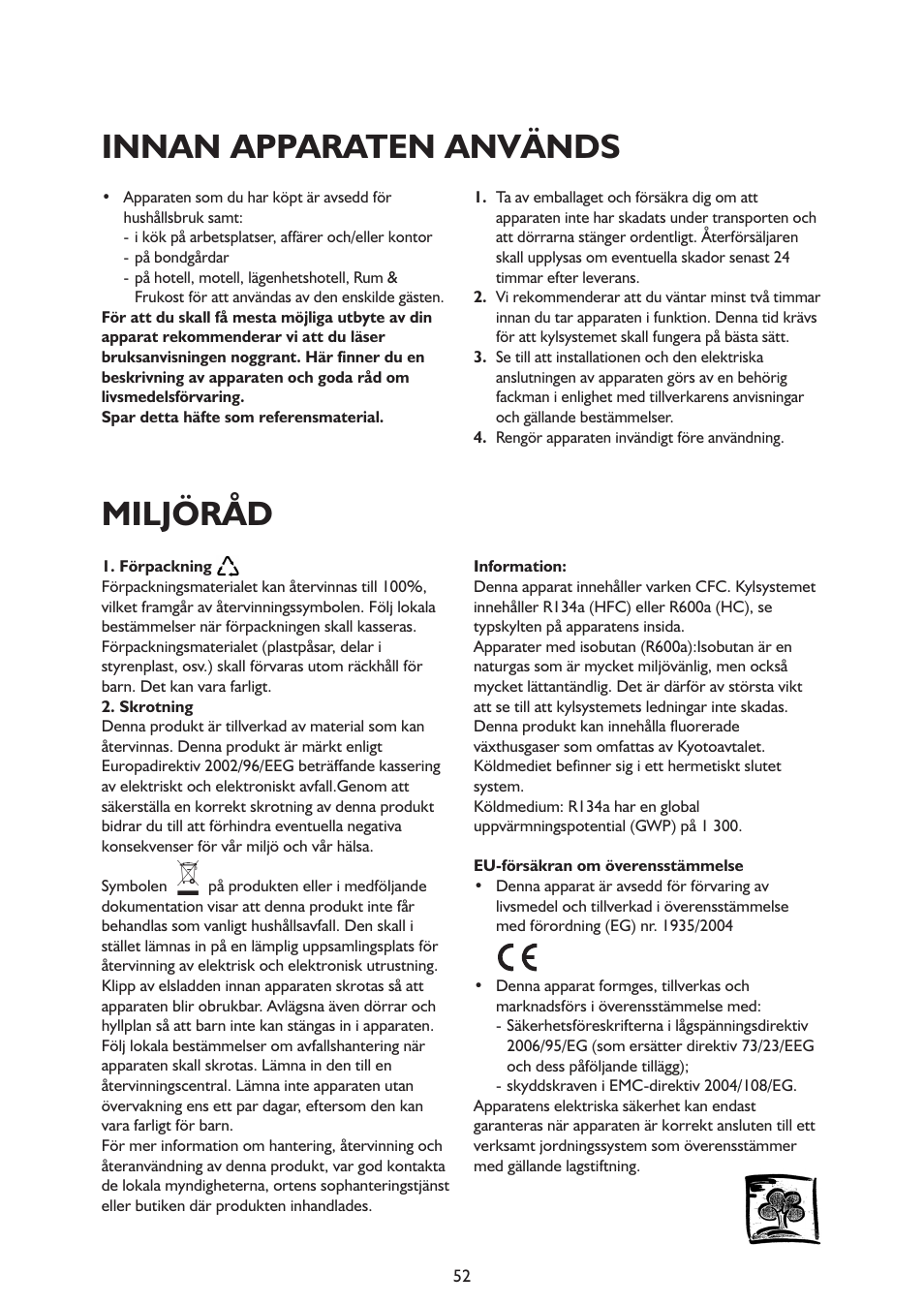Innan apparaten används, Miljöråd | Whirlpool ARG341A+ User Manual | Page 52 / 84