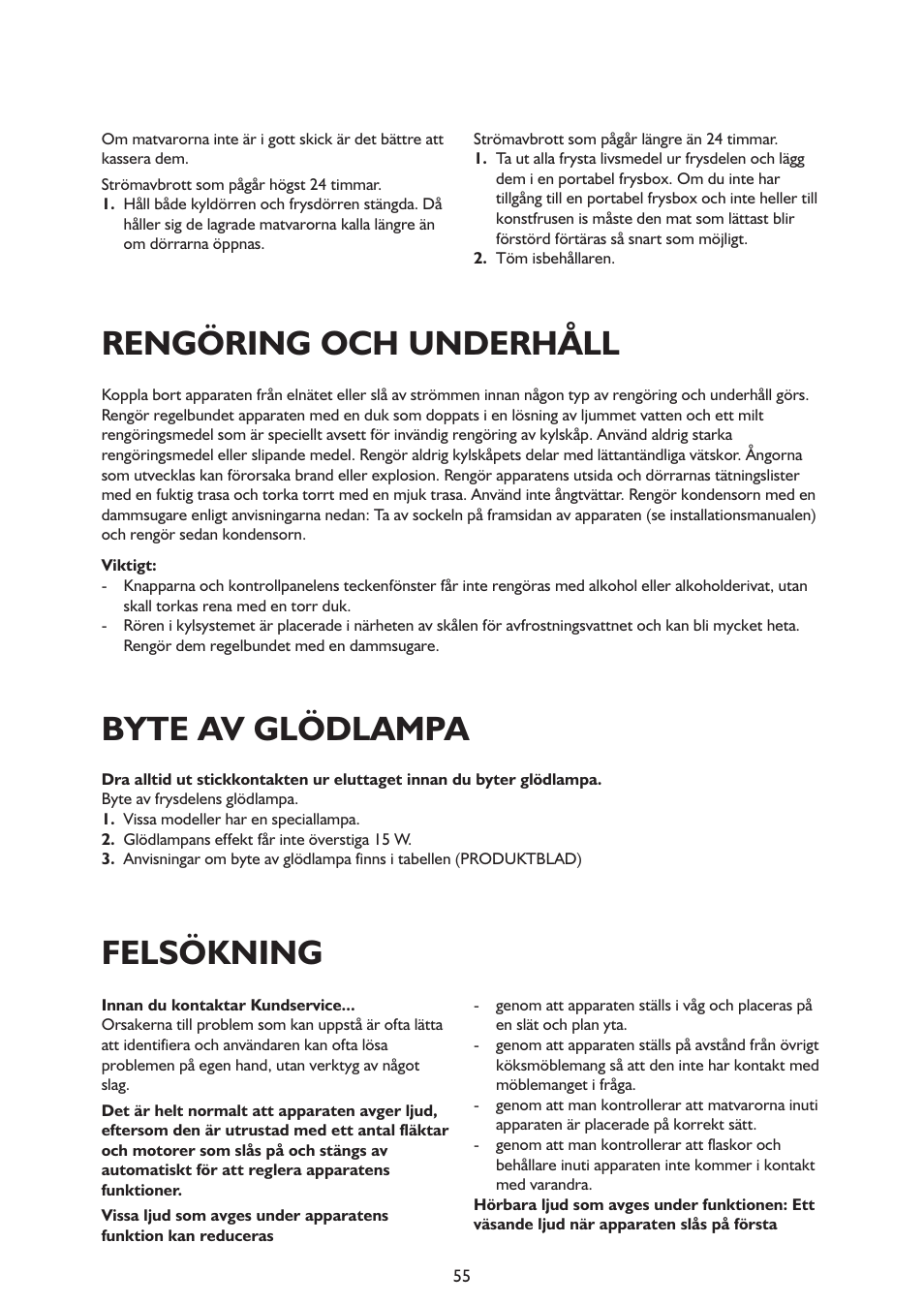 Rengöring och underhåll, Byte av glödlampa, Felsökning | Whirlpool ARG341A+ User Manual | Page 55 / 84