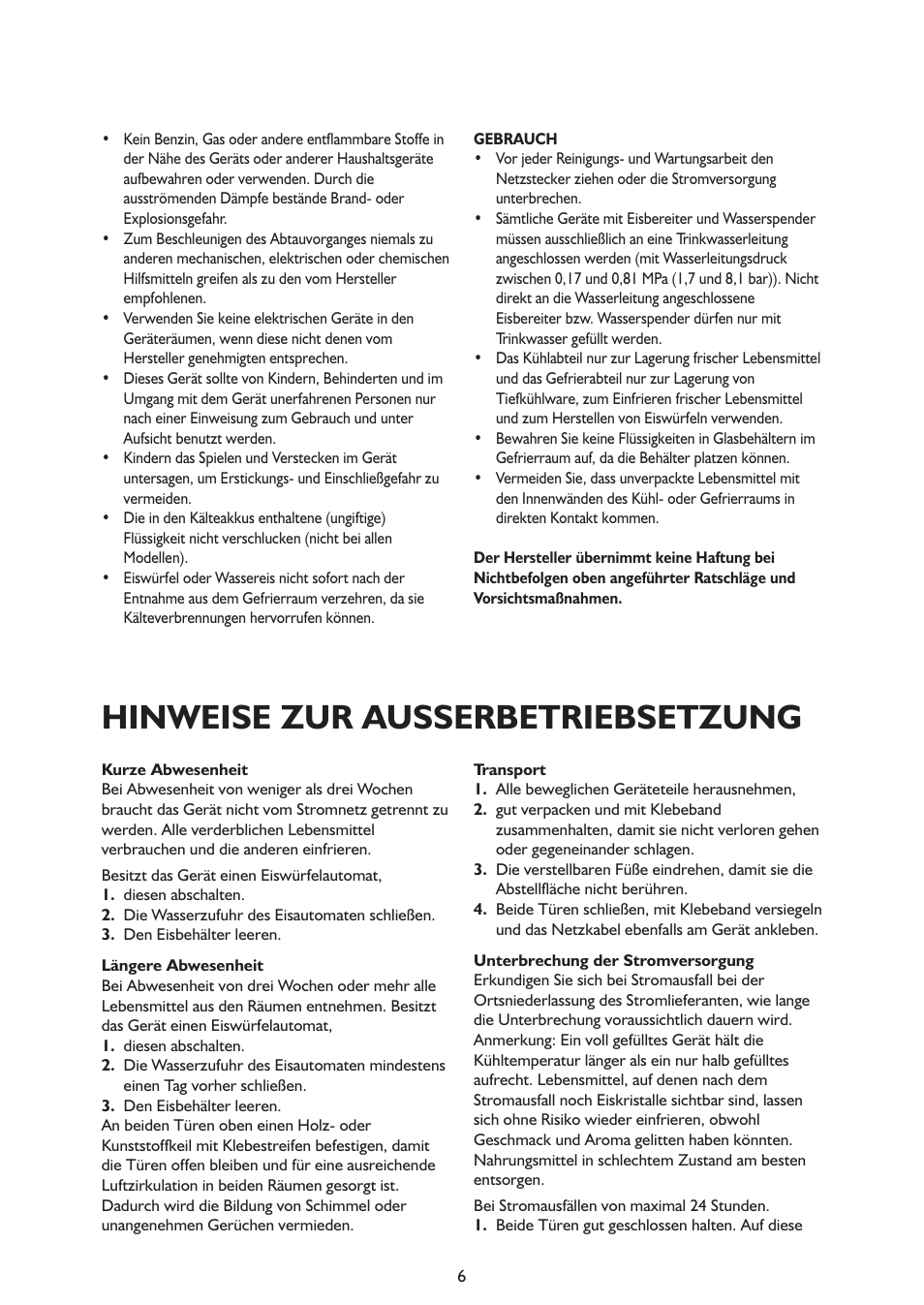 Hinweise zur ausserbetriebsetzung | Whirlpool ARG341A+ User Manual | Page 6 / 84