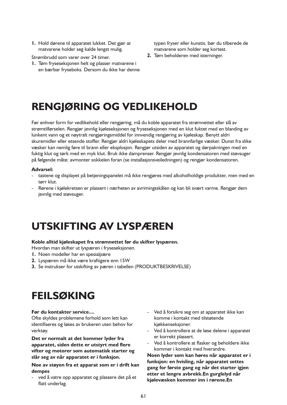 Rengjøring og vedlikehold, Utskifting av lyspæren, Feilsøking | Whirlpool ARG341A+ User Manual | Page 61 / 84