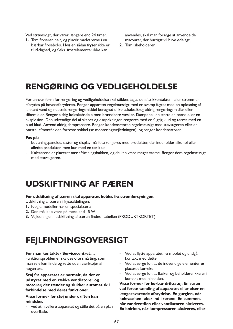 Rengøring og vedligeholdelse, Udskiftning af pæren, Fejlfindingsoversigt | Whirlpool ARG341A+ User Manual | Page 67 / 84