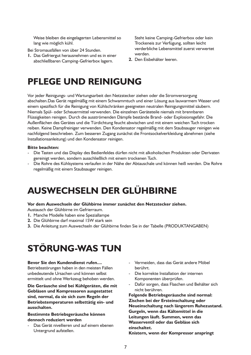Pflege und reinigung, Auswechseln der glühbirne, Störung-was tun | Whirlpool ARG341A+ User Manual | Page 7 / 84