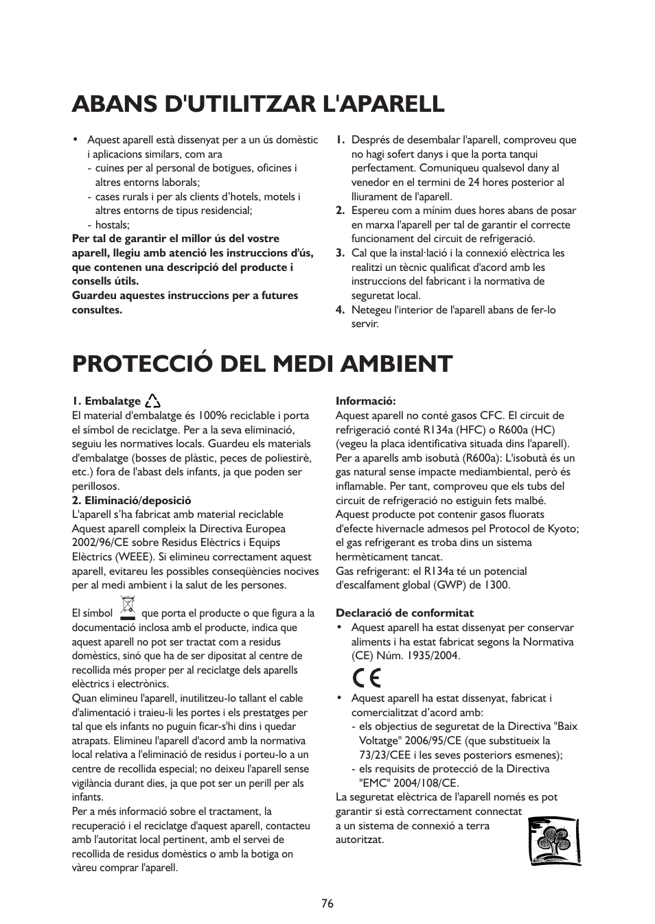 Abans d'utilitzar l'aparell, Protecció del medi ambient | Whirlpool ARG341A+ User Manual | Page 76 / 84