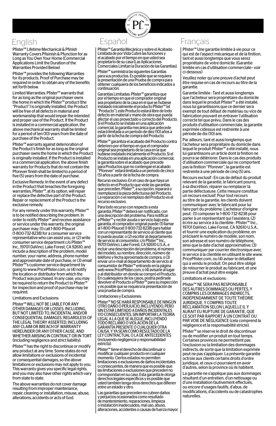 English español français | Pfister BRH-NC1C User Manual | Page 4 / 4