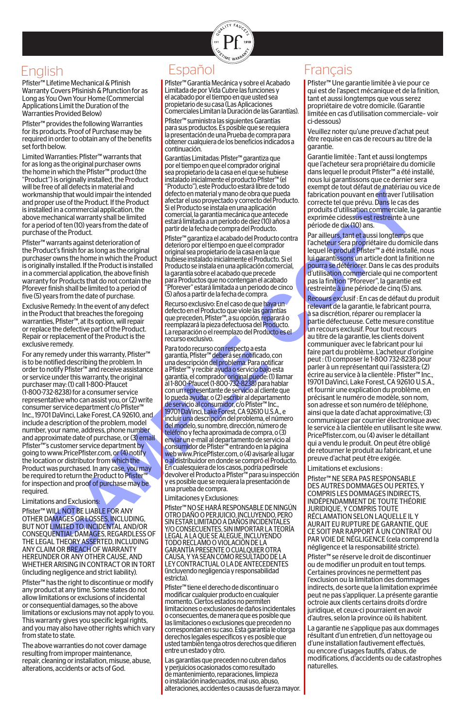 Sample copy, English español français | Pfister BRH-WE1K User Manual | Page 4 / 4