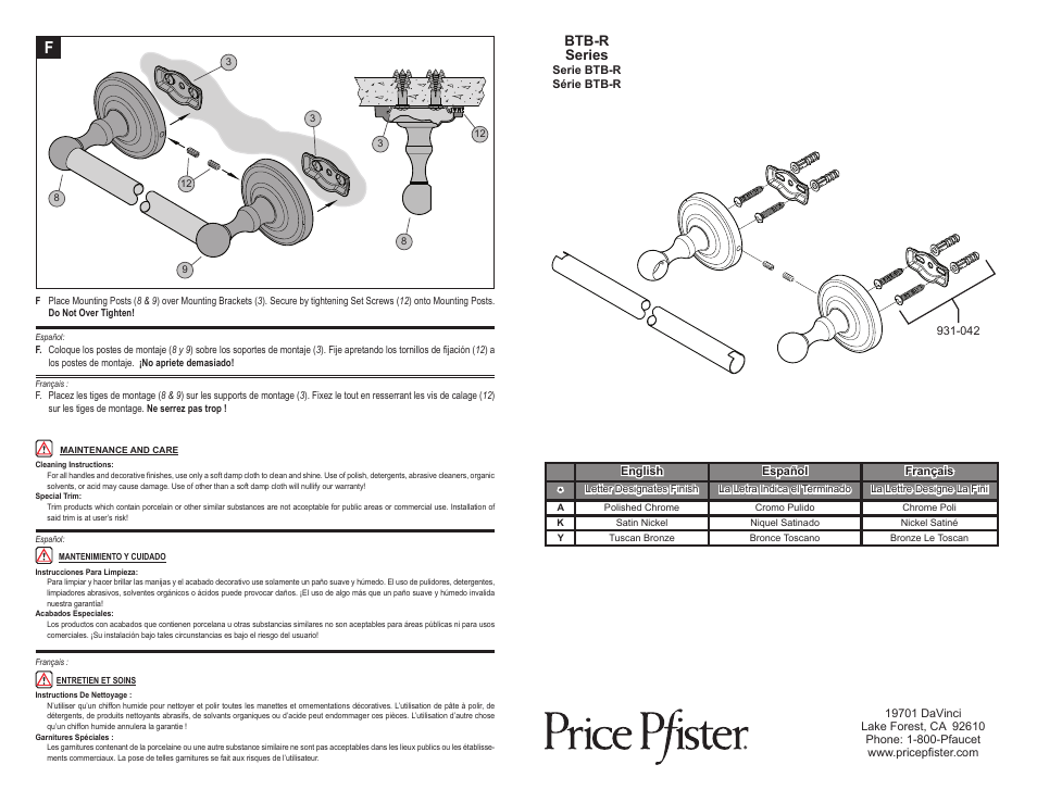 Btb-r series | Pfister BTB-R2KK User Manual | Page 3 / 3