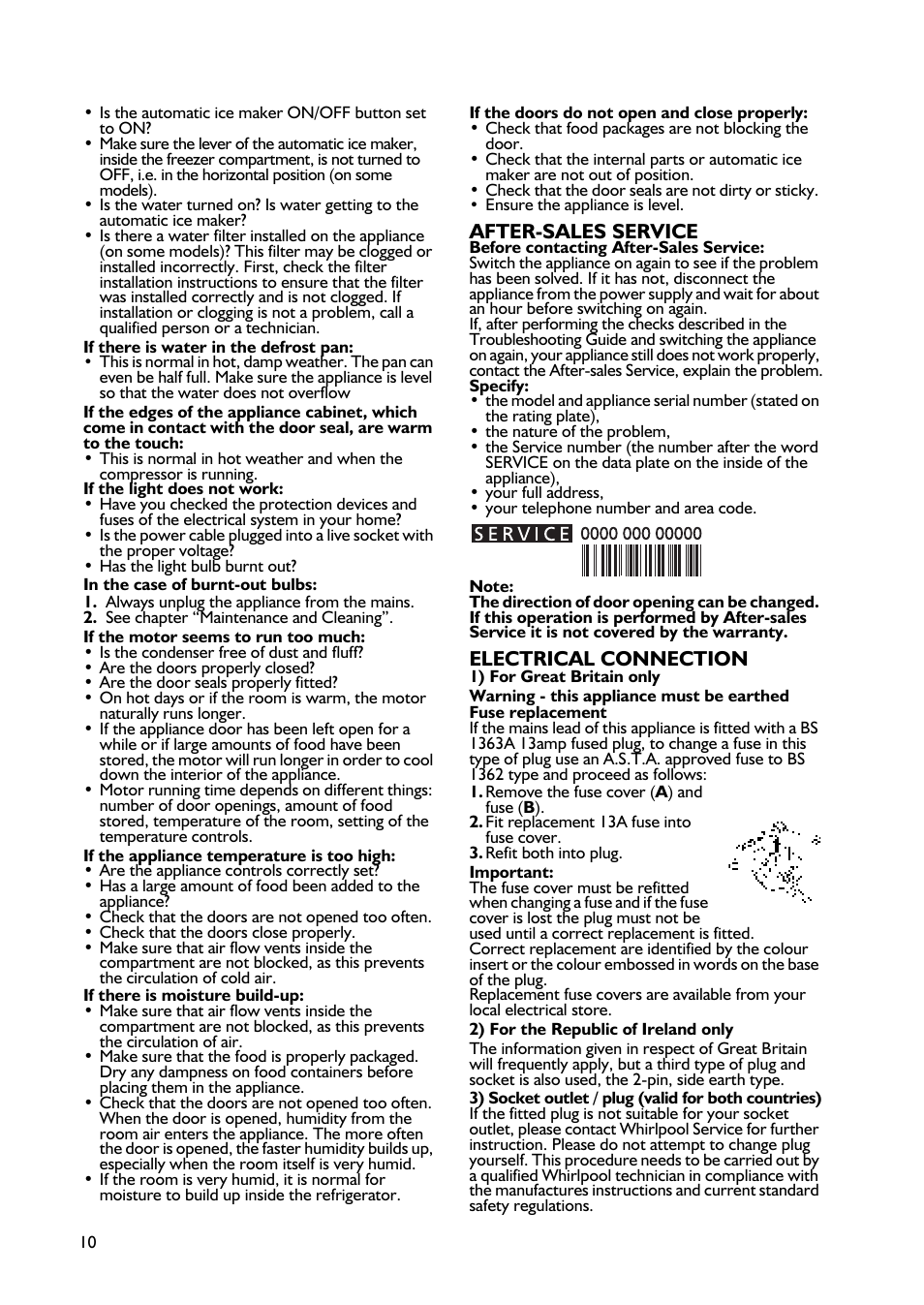 After-sales service, Electrical connection | Whirlpool WBE3411A+W User Manual | Page 10 / 20