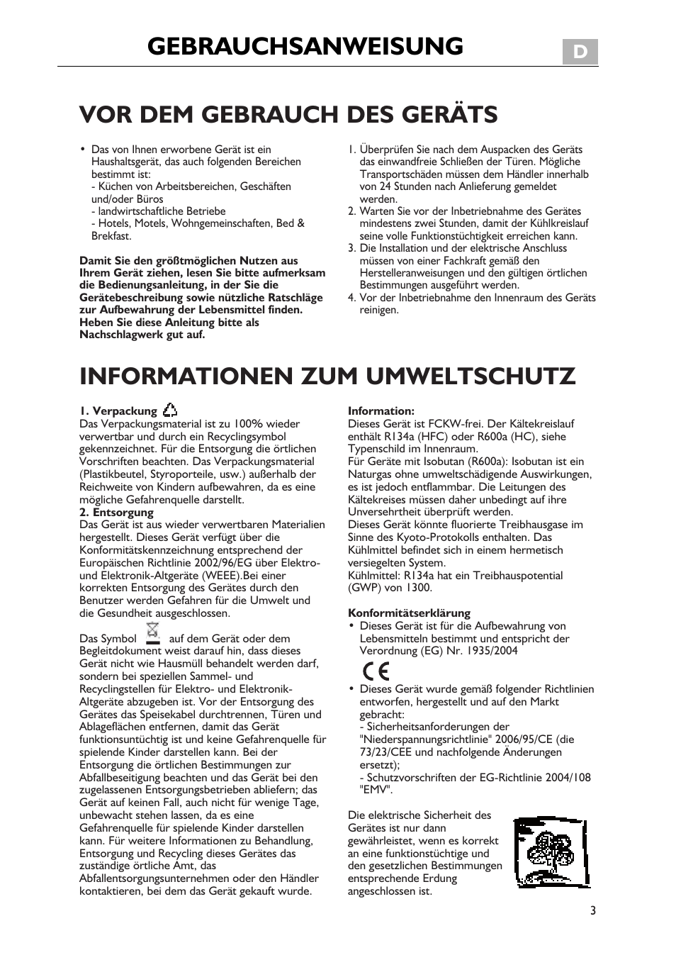 Gebrauchsanweisung, Vor dem gebrauch des geräts, Informationen zum umweltschutz | Vor dem gebrauch des gerätes | Whirlpool WBE3411A+W User Manual | Page 3 / 20