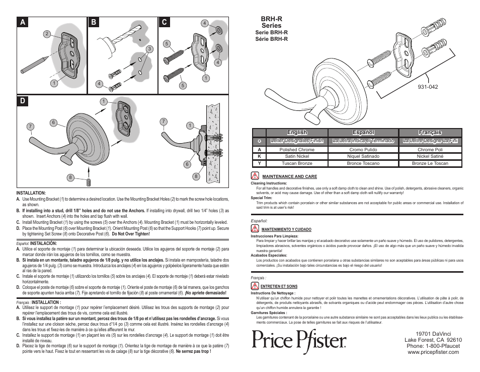 Ab c d, Brh-r series | Pfister BRH-R0KK User Manual | Page 2 / 2