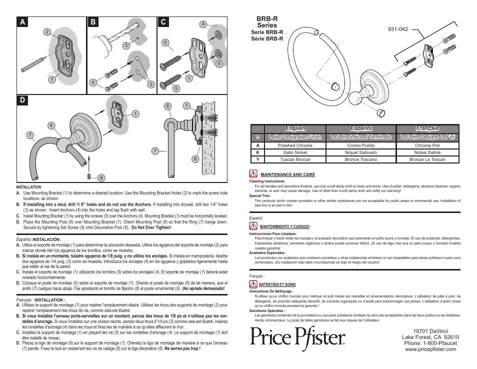 Ab c d, Brb-r series | Pfister BRB-R0KK User Manual | Page 2 / 2