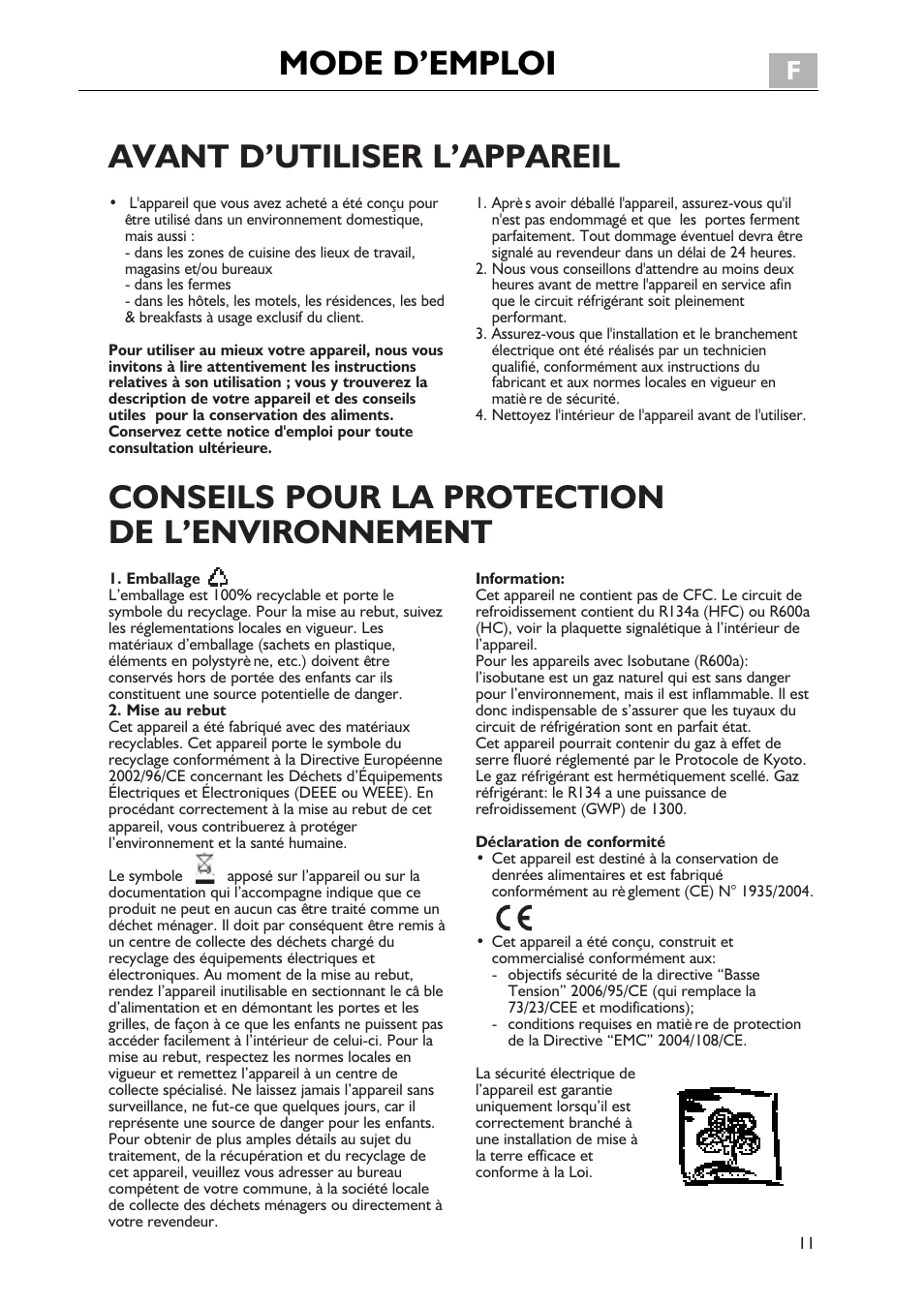 Mode d’emploi, Avant d’utiliser l’appareil, Conseils pour la protection de l’environnement | Maîtrise de la température, Respect des règles d'hygiène alimentaire | Whirlpool WBE3411A+S User Manual | Page 11 / 52