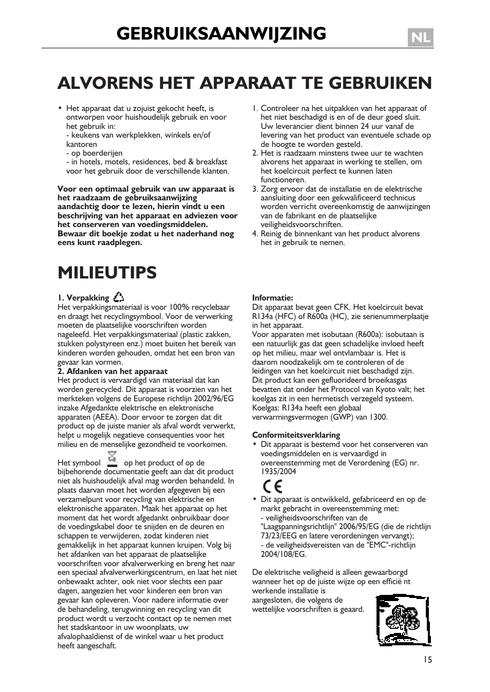 Gebruiksaanwijzing, Alvorens het apparaat te gebruiken, Milieutips | Alvorens het product te gebruiken | Whirlpool WBE3411A+S User Manual | Page 15 / 52