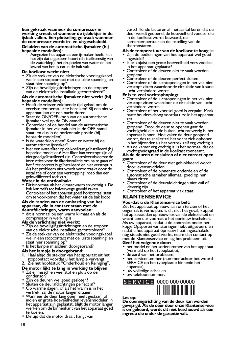 Klantenservice | Whirlpool WBE3411A+S User Manual | Page 18 / 52