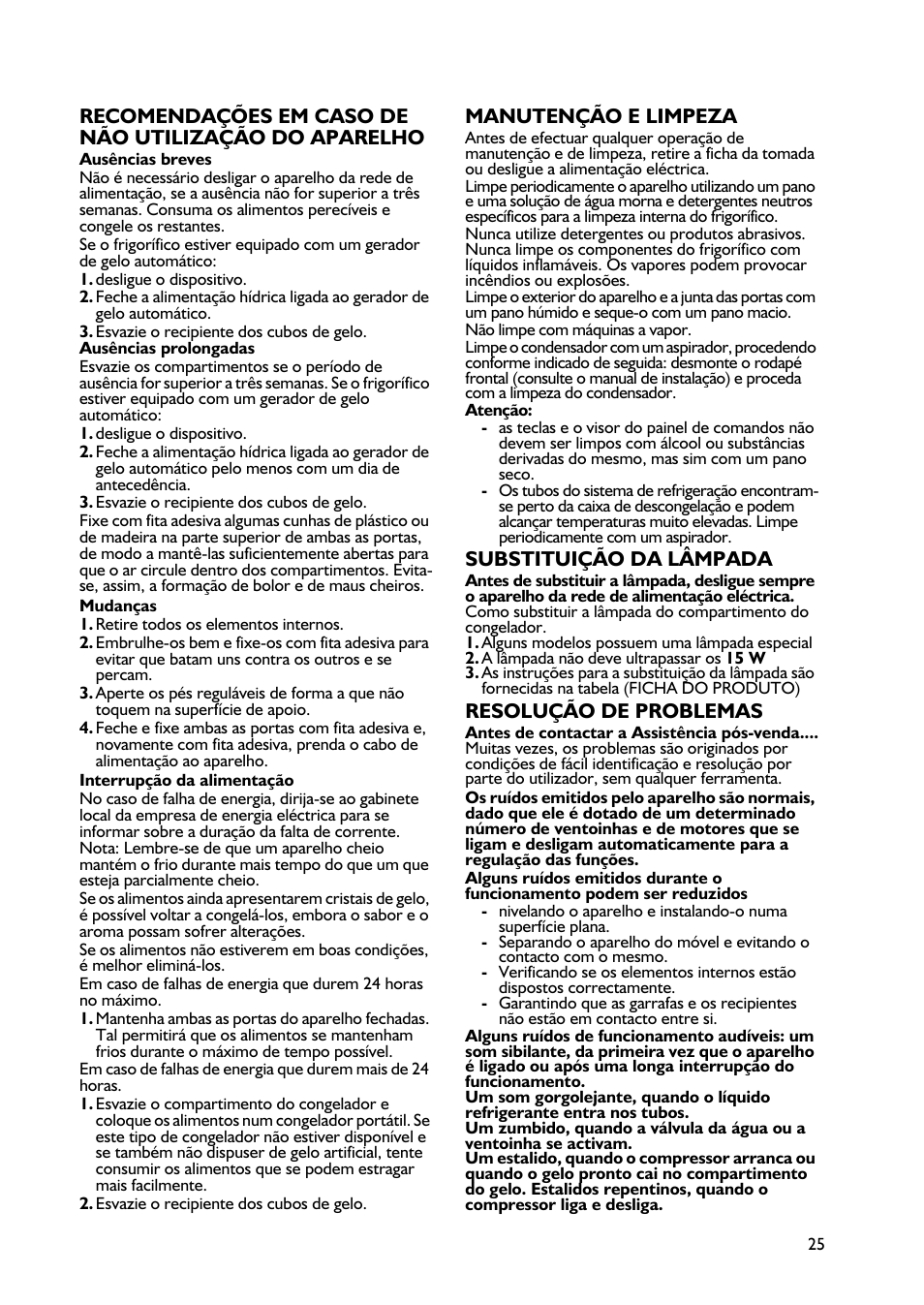 Manutenção e limpeza, Substituição da lâmpada, Resolução de problemas | Whirlpool WBE3411A+S User Manual | Page 25 / 52