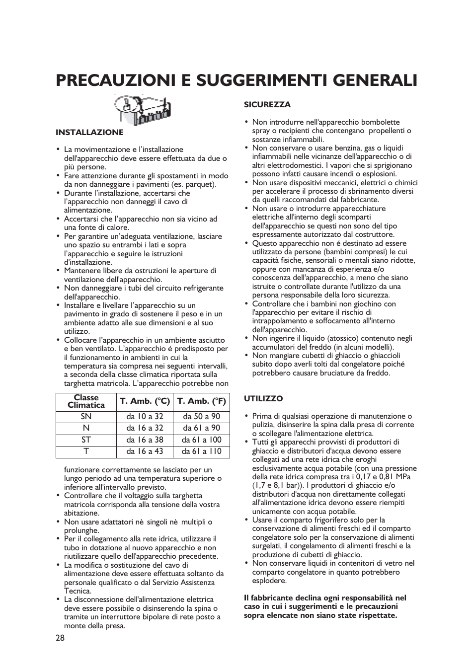 Precauzioni e suggerimenti generali | Whirlpool WBE3411A+S User Manual | Page 28 / 52