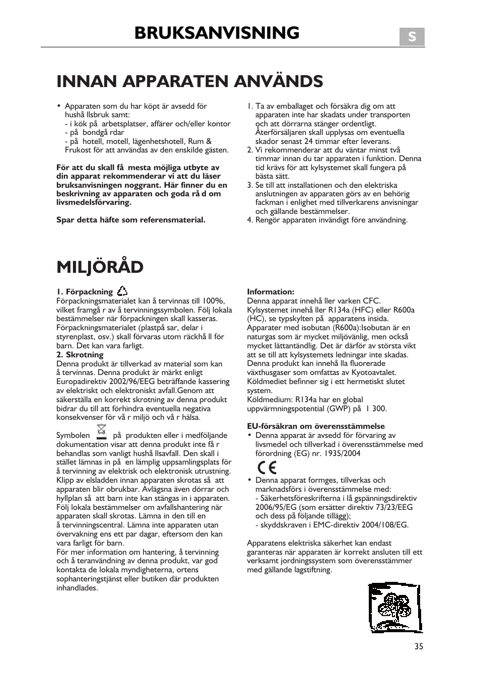 Bruksanvisning, Innan apparaten används, Miljöråd | Whirlpool WBE3411A+S User Manual | Page 35 / 52