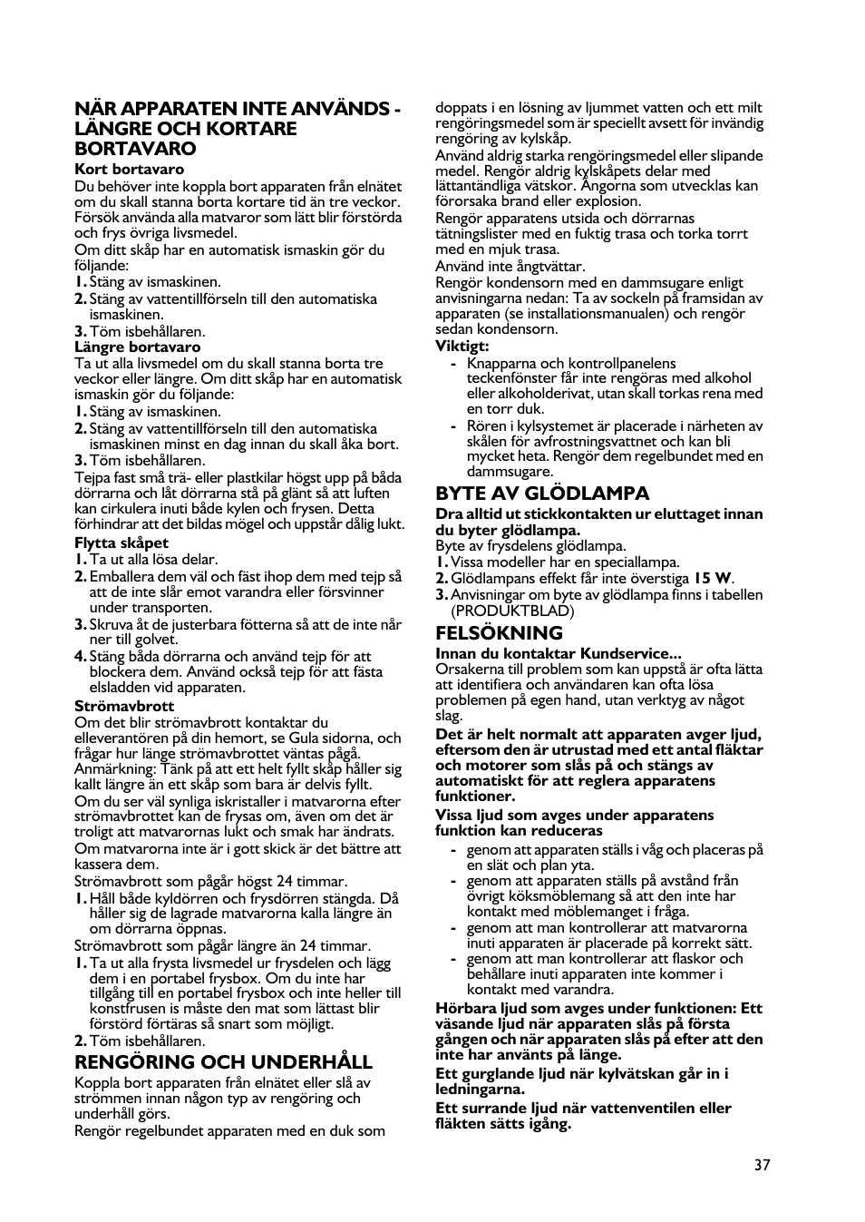 Rengöring och underhåll, Byte av glödlampa, Felsökning | Whirlpool WBE3411A+S User Manual | Page 37 / 52