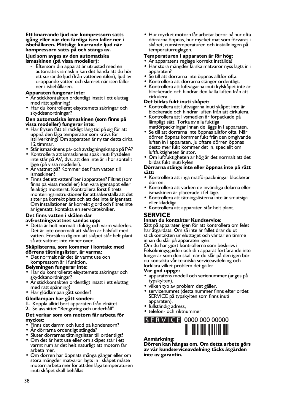 Service | Whirlpool WBE3411A+S User Manual | Page 38 / 52