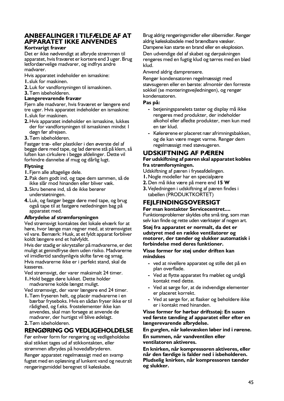Rengøring og vedligeholdelse, Udskiftning af pæren, Fejlfindingsoversigt | Whirlpool WBE3411A+S User Manual | Page 45 / 52