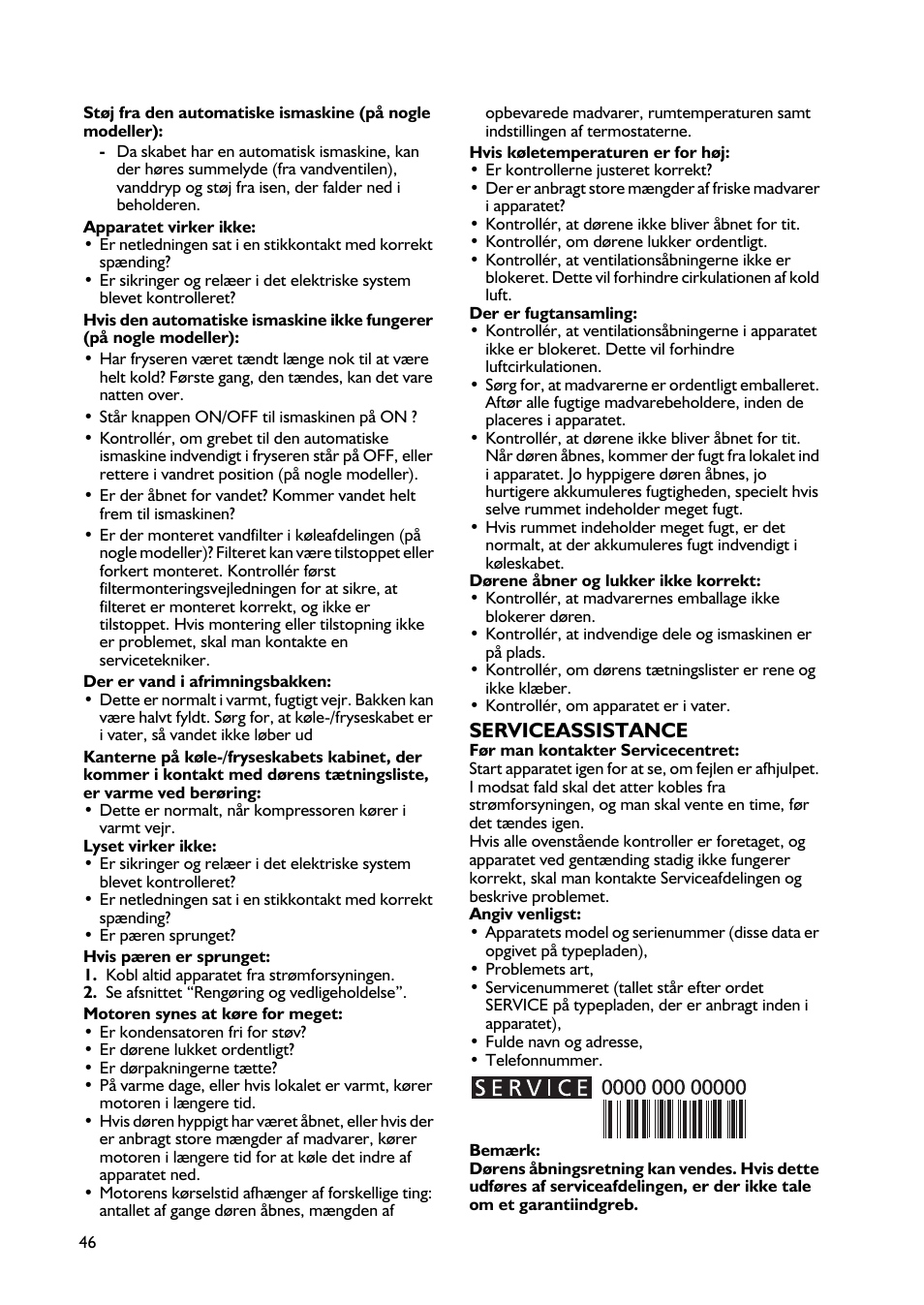 Serviceassistance | Whirlpool WBE3411A+S User Manual | Page 46 / 52