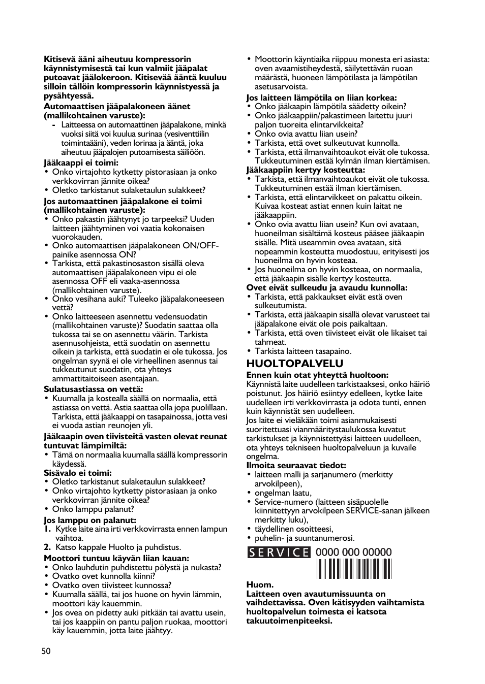 Huoltopalvelu | Whirlpool WBE3411A+S User Manual | Page 50 / 52