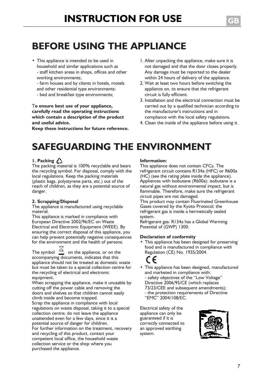 Instruction for use, Before using the appliance, Safeguarding the environment | Whirlpool WBE3411A+S User Manual | Page 7 / 52