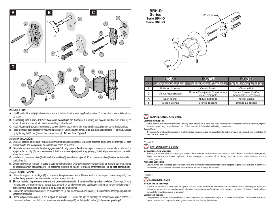 Ab c d, Brh-d series | Pfister BRH-D0KK User Manual | Page 2 / 2