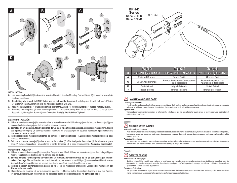 Ab c d, Bph-d series | Pfister BPH-D1KK User Manual | Page 2 / 2