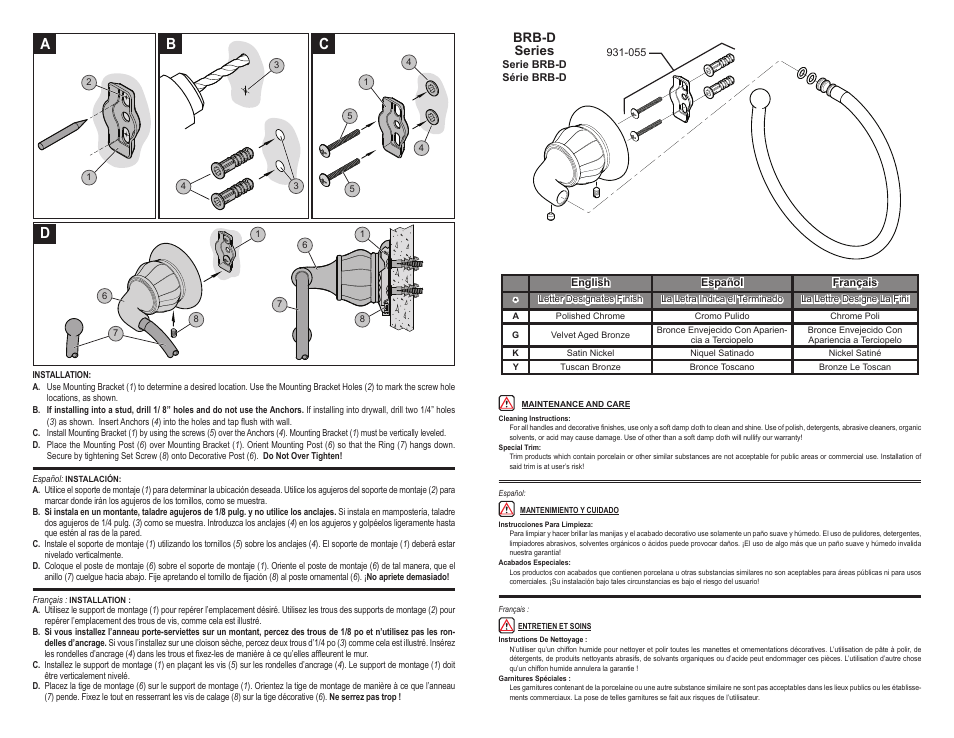 Ab c d, Brb-d series | Pfister BRB-D0KK User Manual | Page 2 / 2