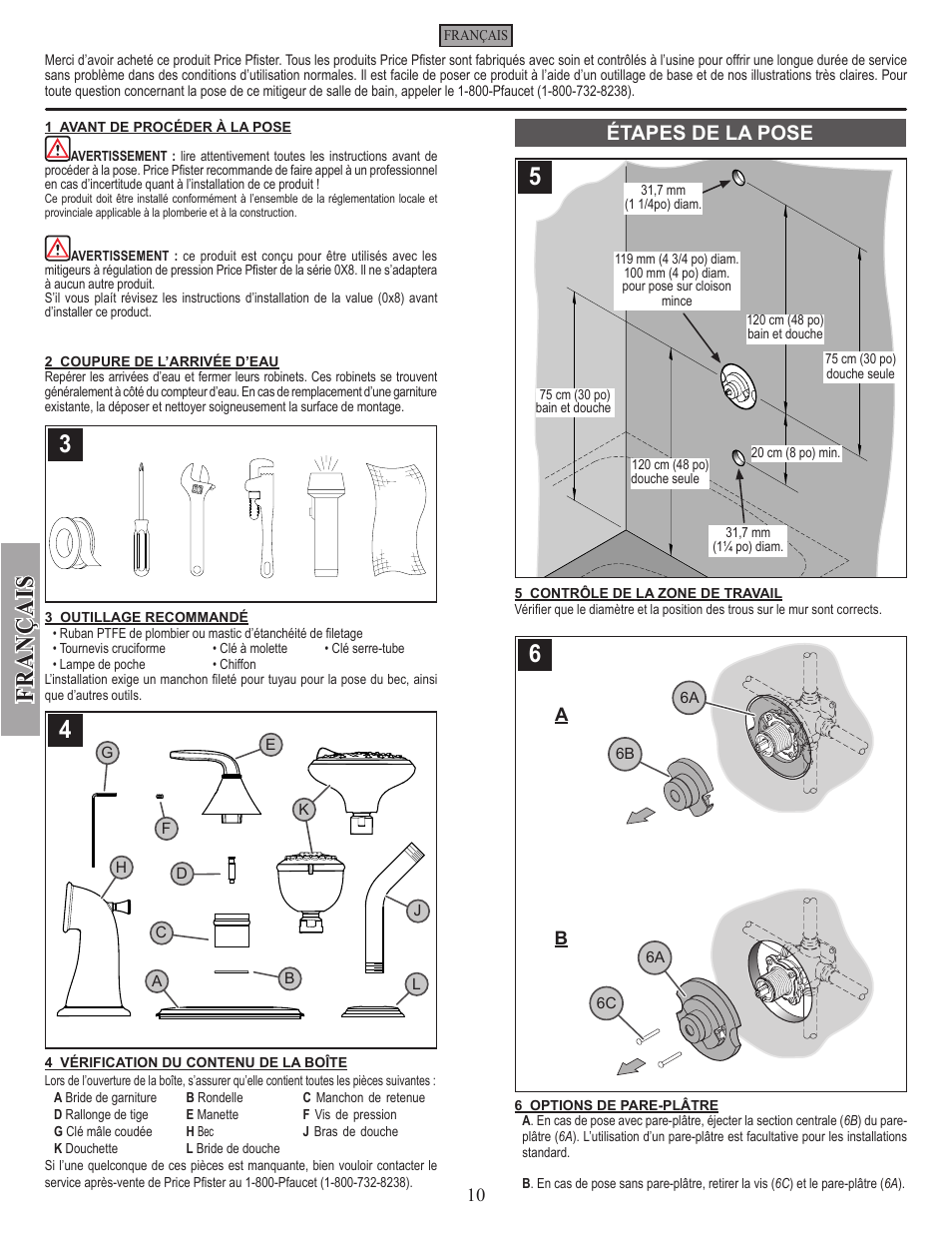 Fran ç ais, Étapes de la pose | Pfister 0X9-110A User Manual | Page 10 / 14