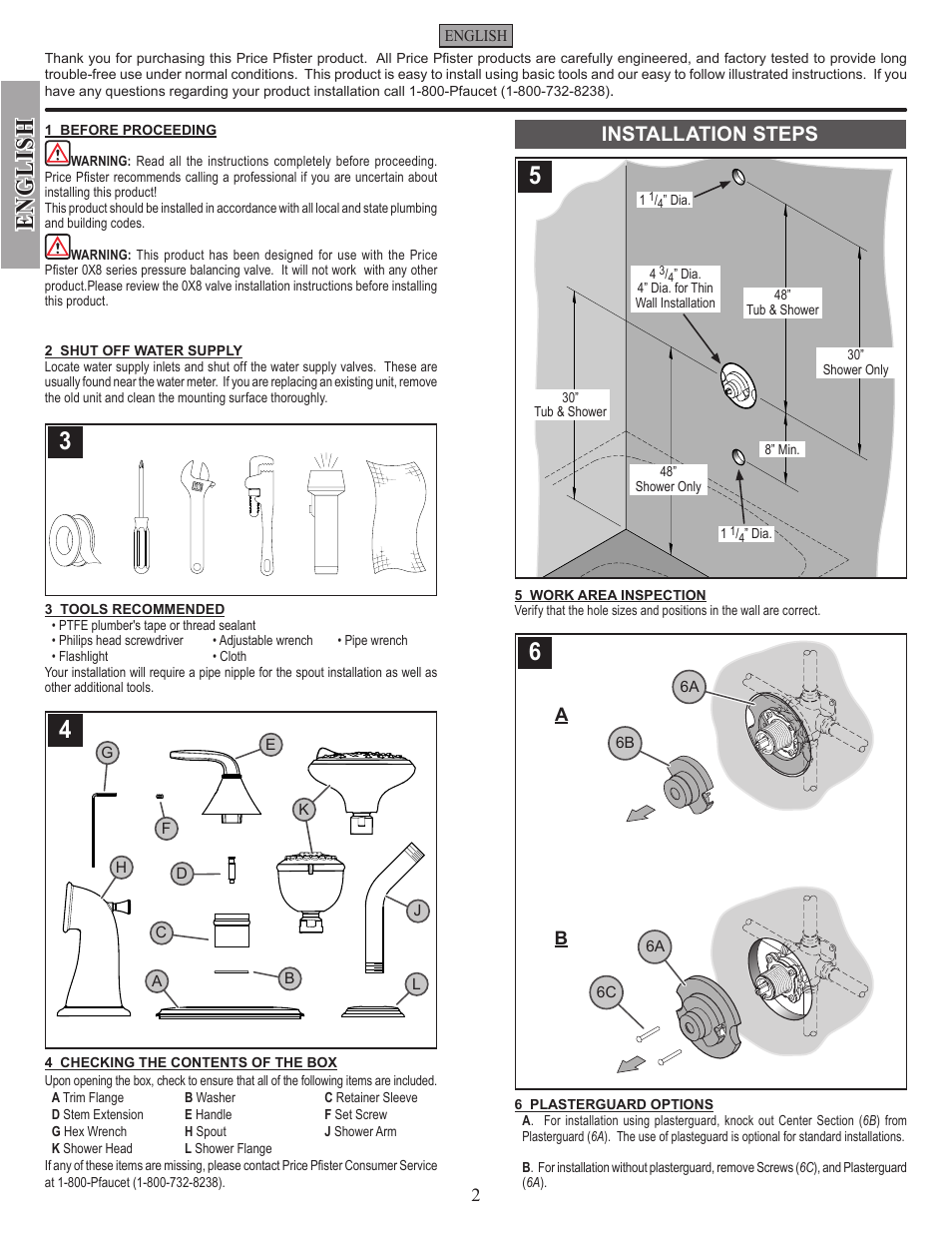 English, Installation steps | Pfister 0X9-110A User Manual | Page 2 / 14