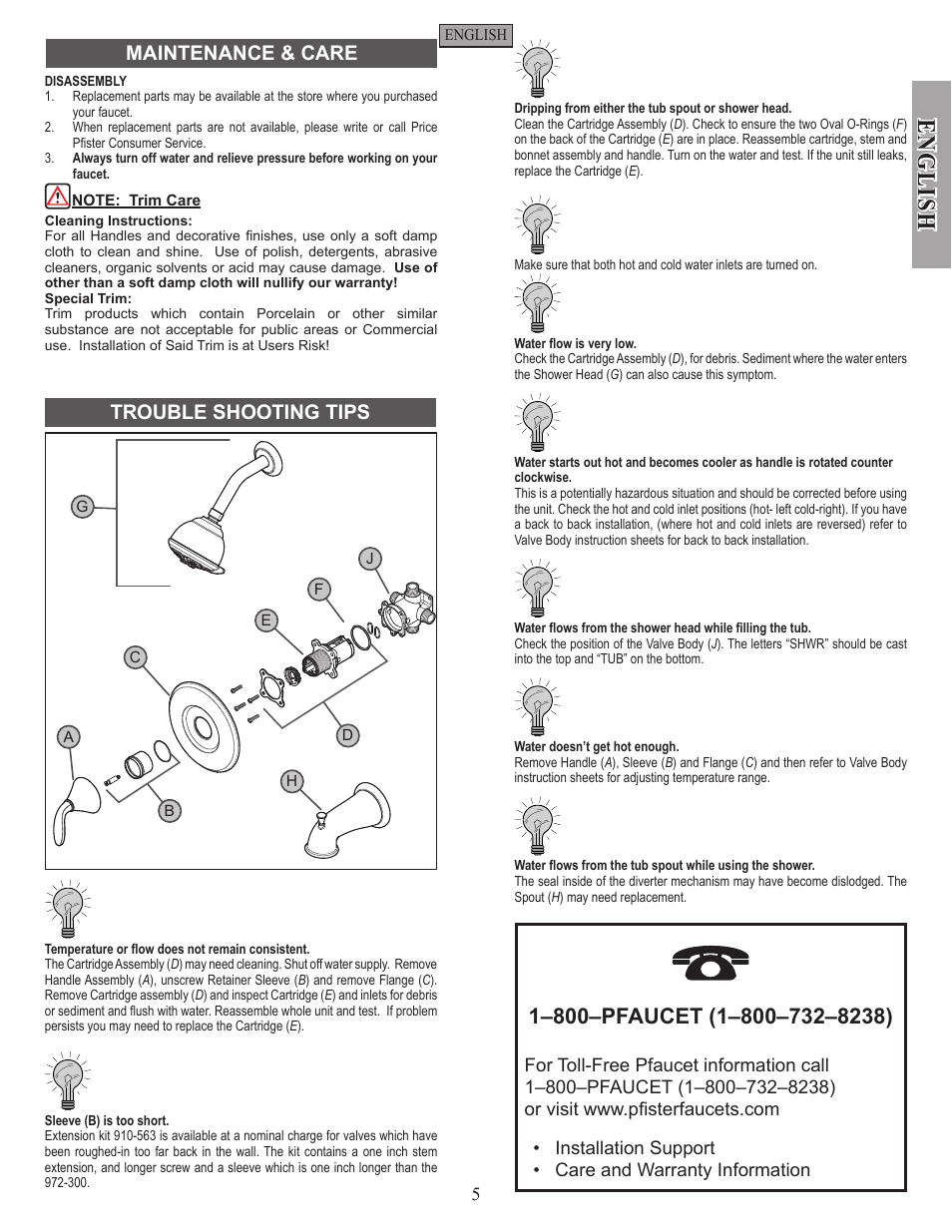 English, Maintenance & care trouble shooting tips | Pfister 0X9-110A User Manual | Page 5 / 14