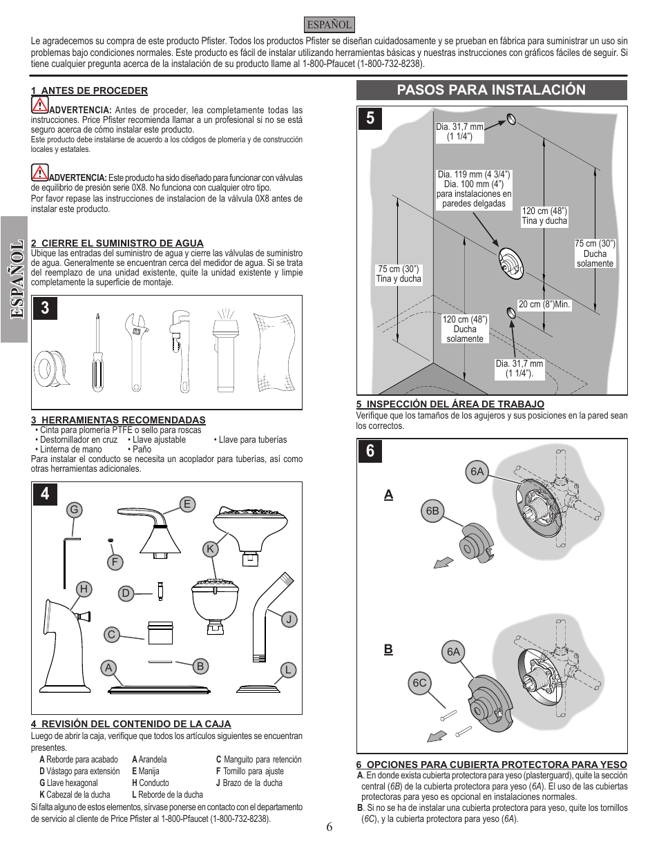 Esp a ñ ol, Pasos para instalación | Pfister 0X9-110A User Manual | Page 6 / 14