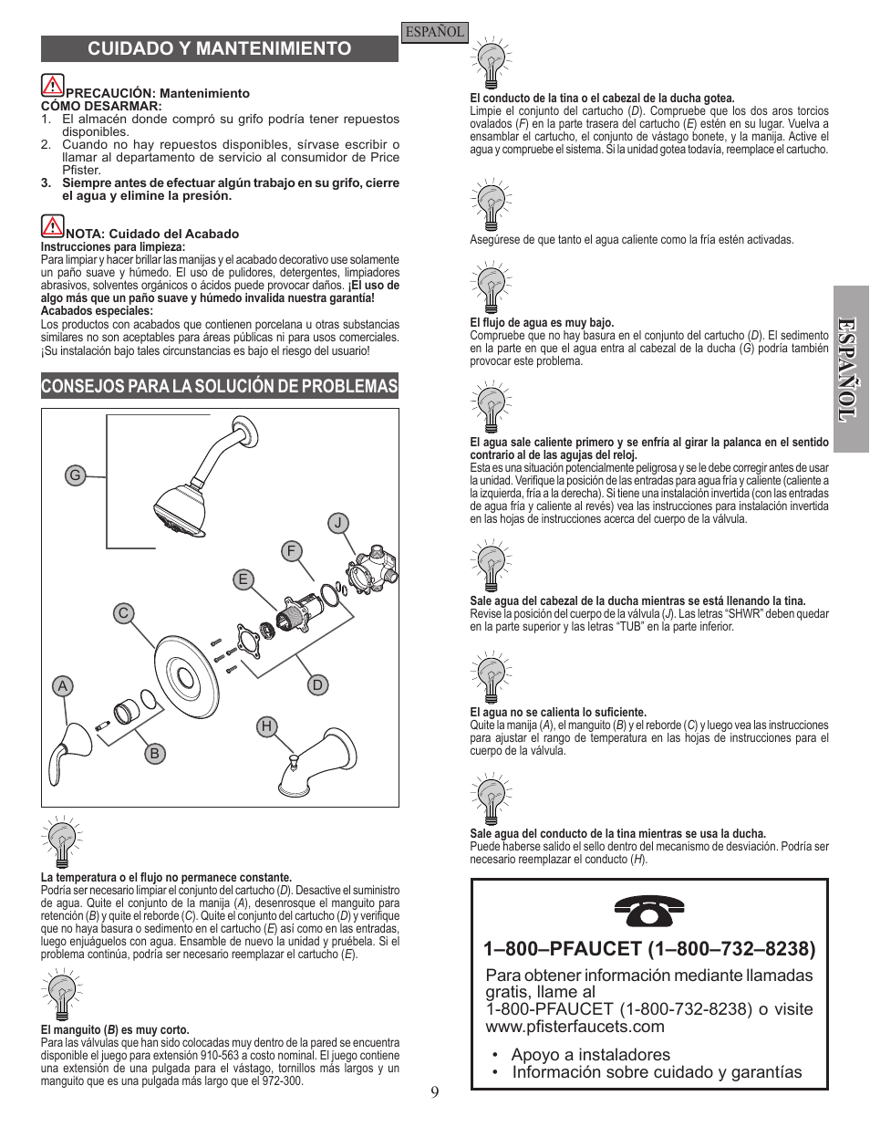 Esp a ñ ol | Pfister 0X9-110A User Manual | Page 9 / 14
