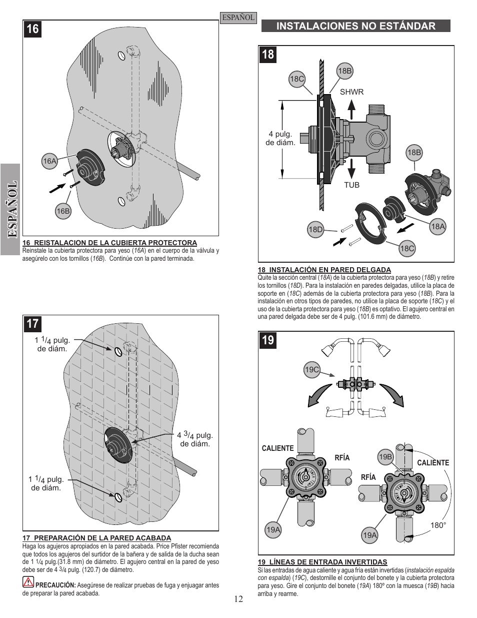 Esp a ñ ol, Instalaciones no estándar | Pfister 0X8-310A User Manual | Page 12 / 20