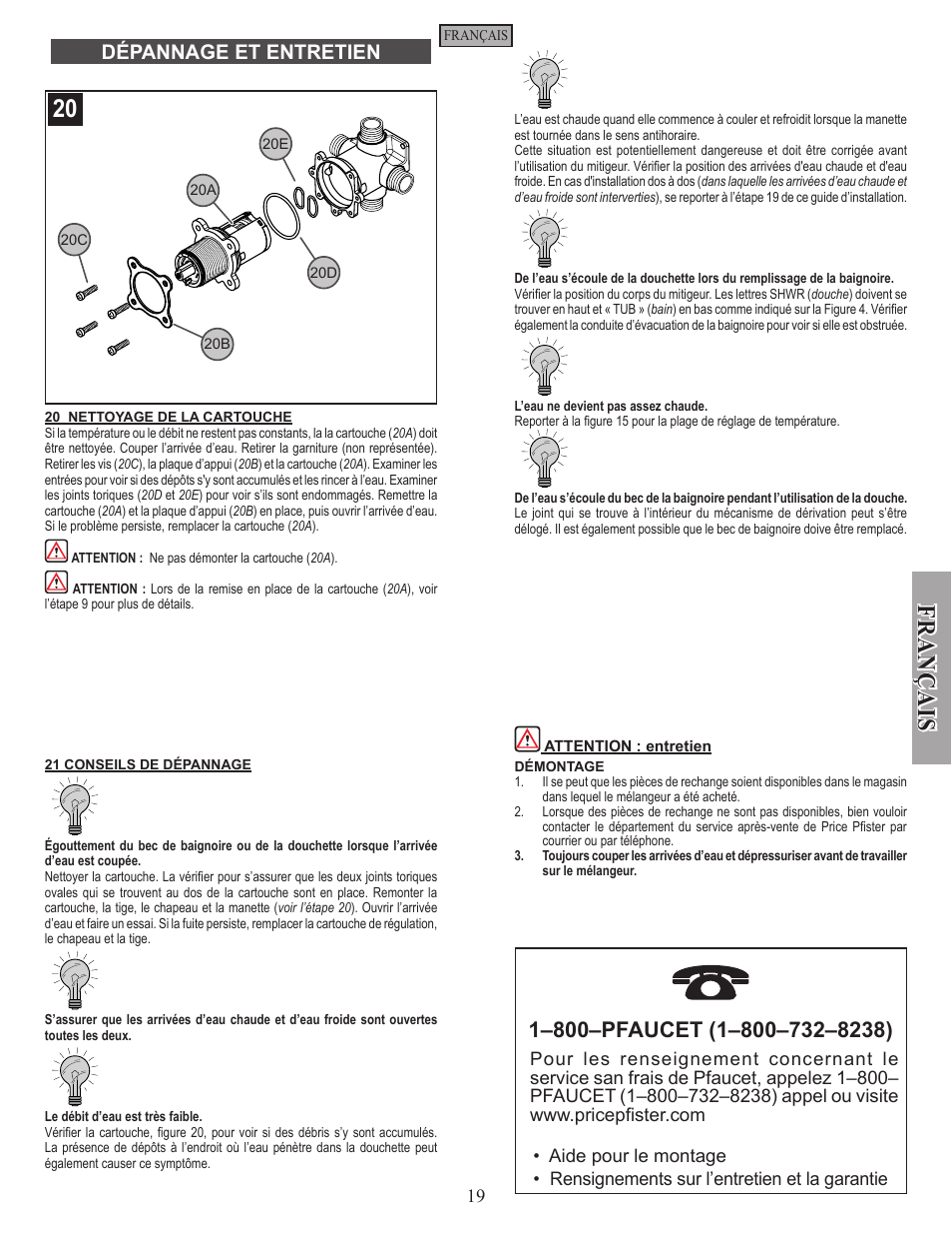 Fran ç ais, Dépannage et entretien | Pfister 0X8-310A User Manual | Page 19 / 20