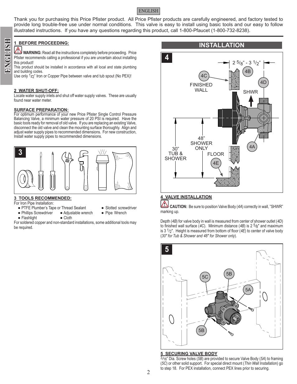 English, Installation | Pfister 0X8-310A User Manual | Page 2 / 20