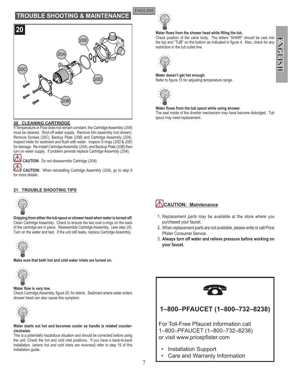 English, Trouble shooting & maintenance | Pfister 0X8-310A User Manual | Page 7 / 20