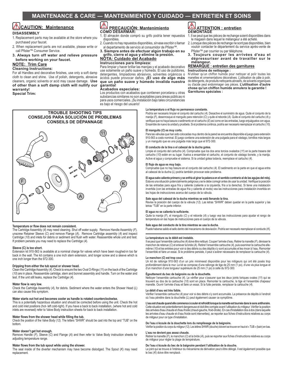 Caution: maintenance | Pfister 8P8-SLKK User Manual | Page 6 / 6