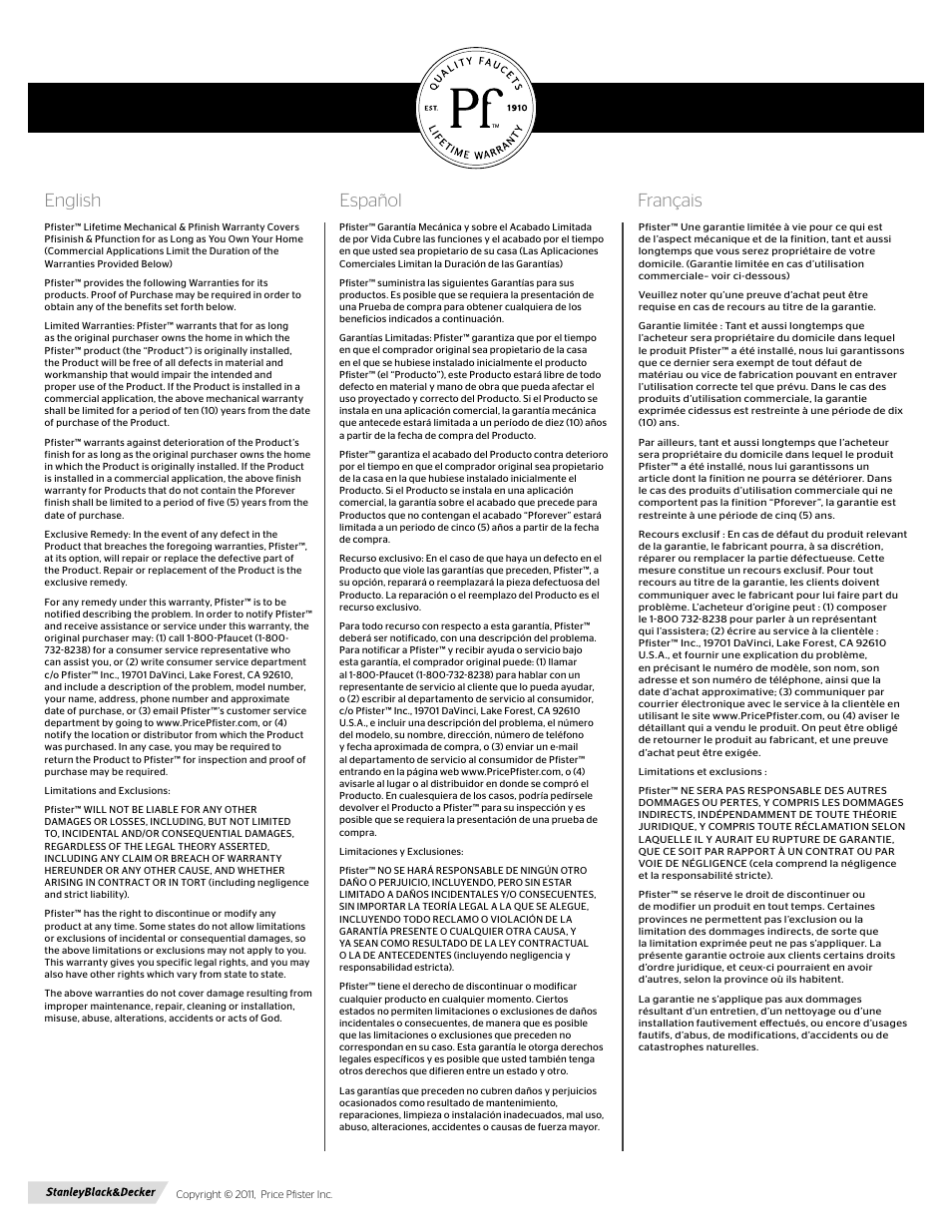 English español français | Pfister R89-1YPK User Manual | Page 4 / 4