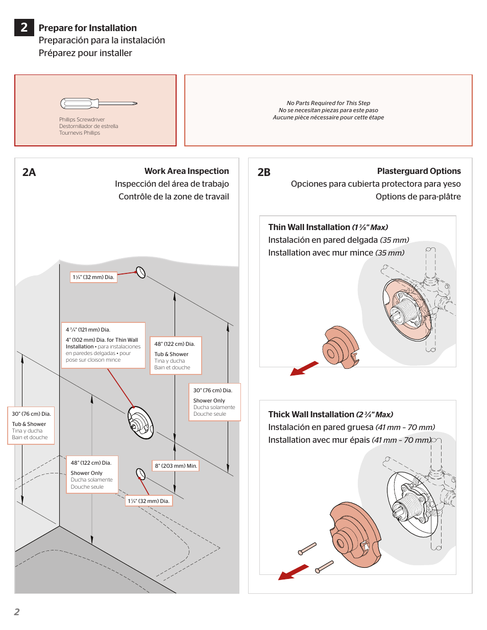 2a 2b, Thin wall installation, Instalación en pared delgada | Installation avec mur mince, Thick wall installation, Instalación en pared gruesa, Installation avec mur épais | Pfister R89-8FEK User Manual | Page 2 / 6