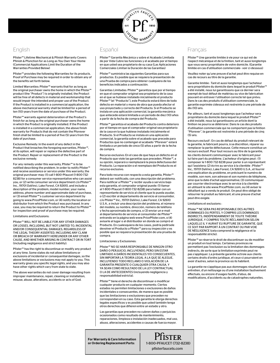 English español français | Pfister G89-7TRK User Manual | Page 4 / 4