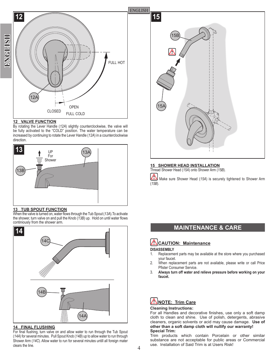 En g li sh, Maintenance & care | Pfister R89-1SRK User Manual | Page 4 / 14