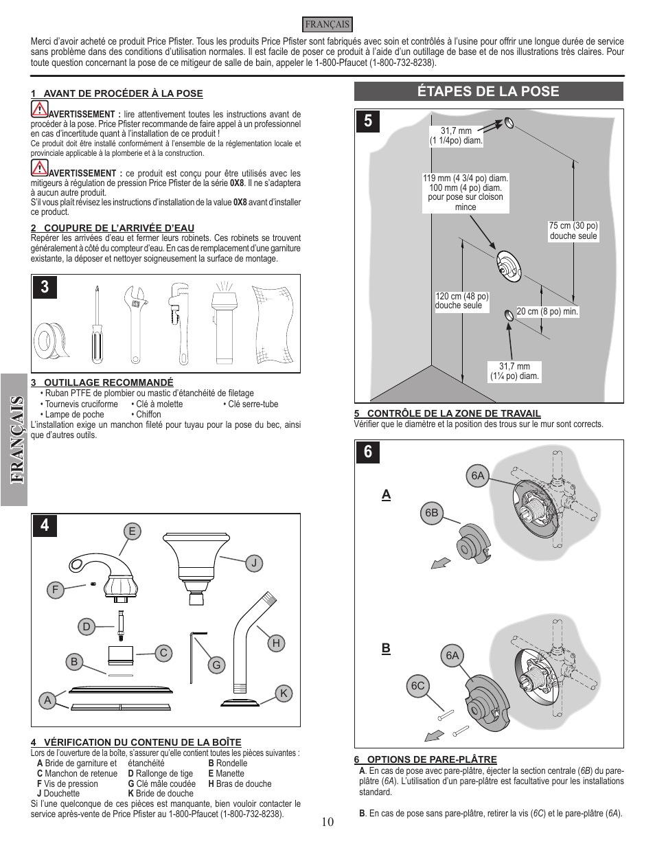Fran ç ais, Étapes de la pose | Pfister 8P5-DY00 User Manual | Page 10 / 14